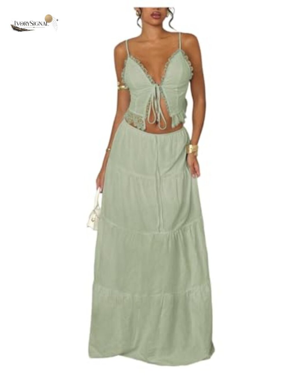 2 Piece Tiered Maxi Skirt Set Tie Front Cami Top Outfit